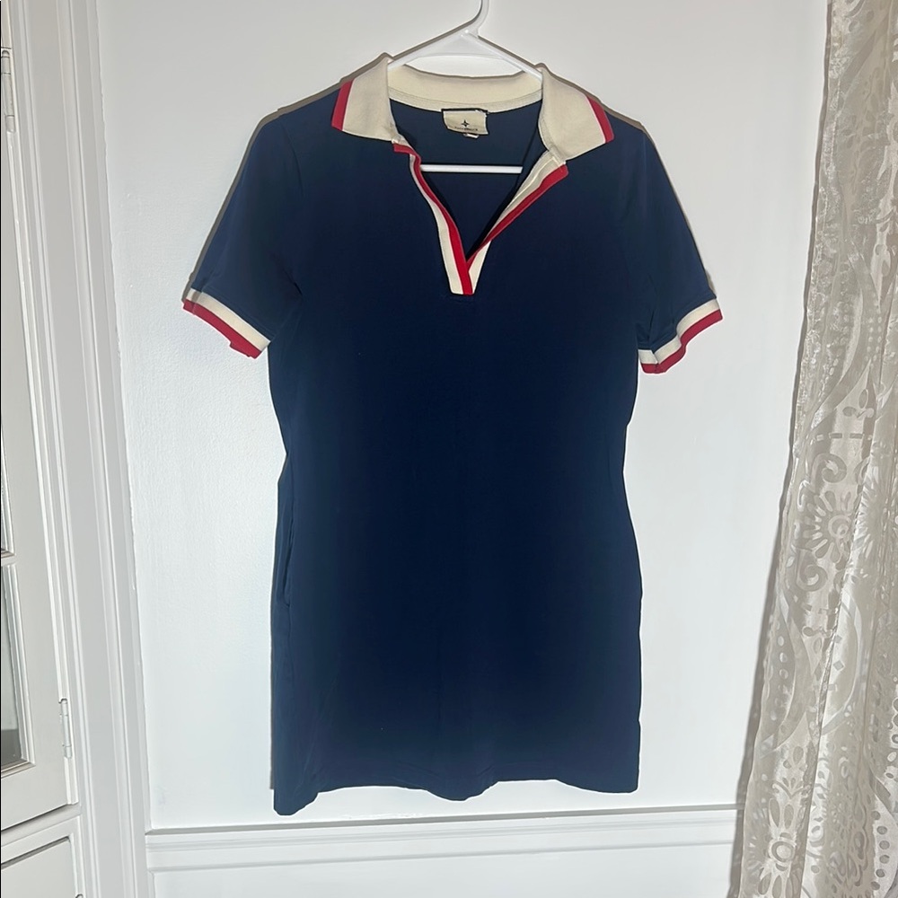 Tuckernut Navy Polo Dress Preppy Chic Sporty Collared Shift Red White Trim